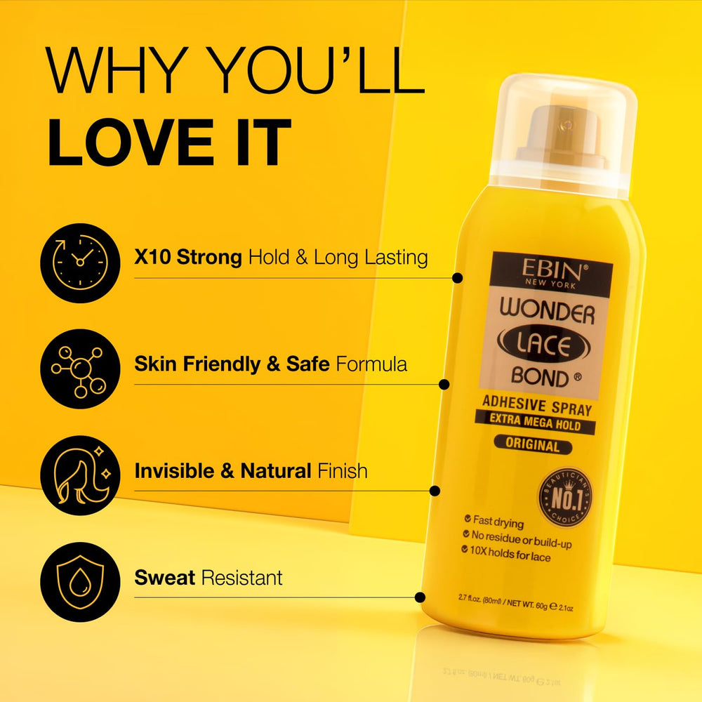 EBIN NEW YORK Wonder Lace Bond spray dispensing action demonstrates quick-dry performance.