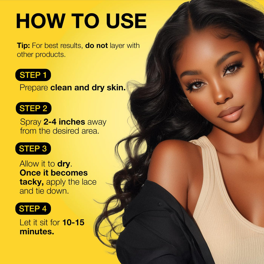 Even spray application delivers extra mega hold for lace front wigs.