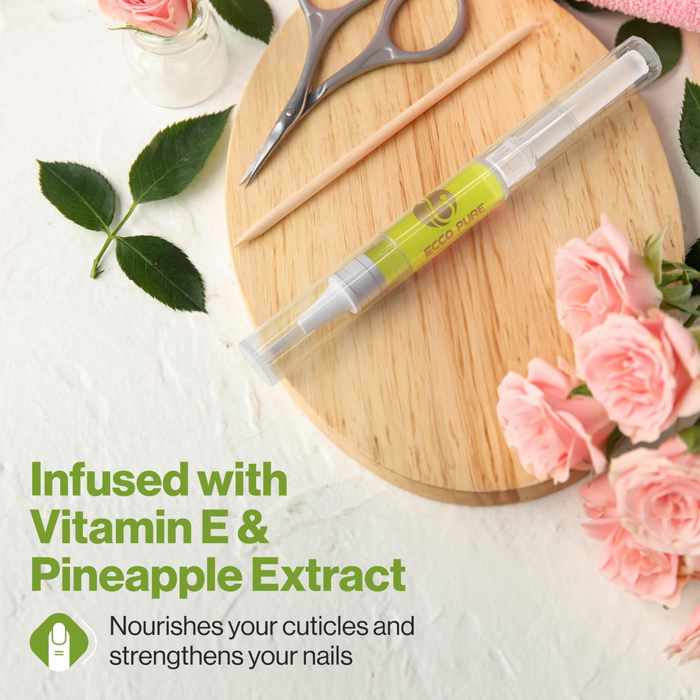 ECCO PURE cuticle oil pen closeup shows nourished cuticles and shiny nails.