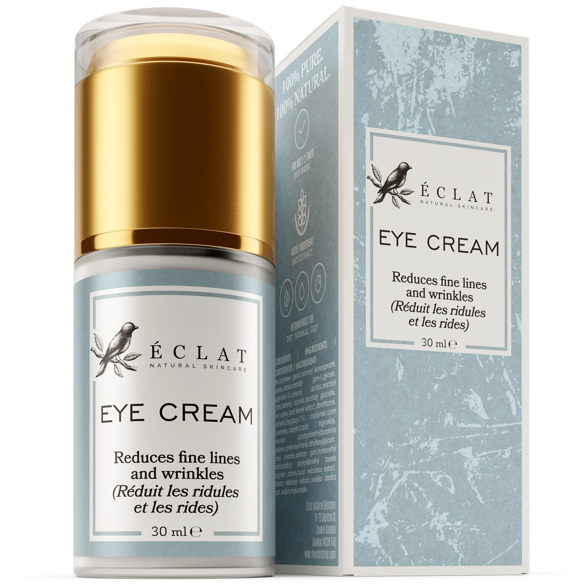 Crema contorno de ojos Eclat Skincare en envase 30ml, hidratación duradera y antiarrugas
