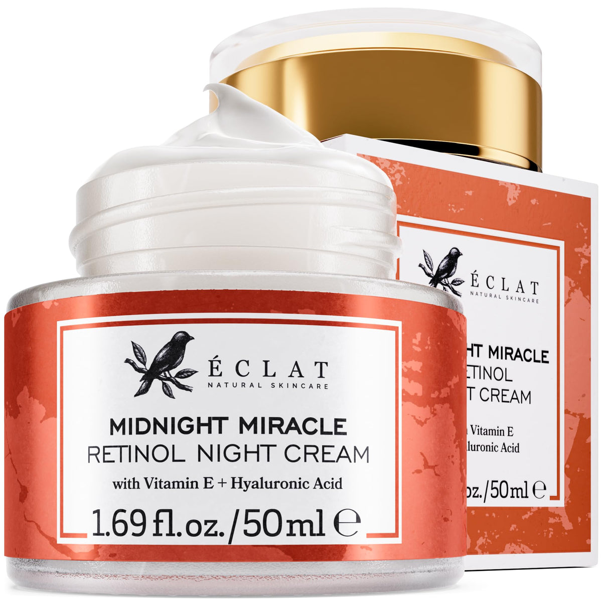 Eclat Skincare Retinol Night Cream bottle close-up highlighting hydration benefits