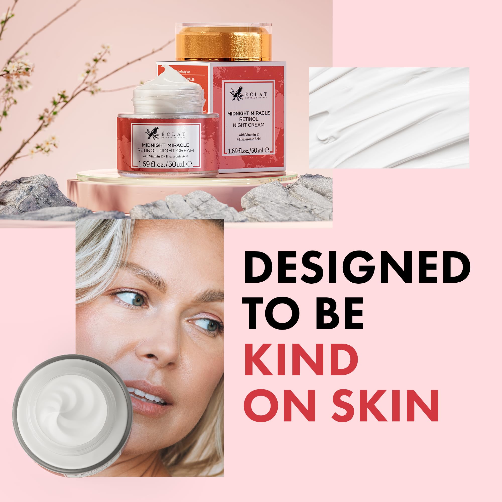 Vegan and cruelty-free branding on Eclat Skincare Retinol Night Cream packaging