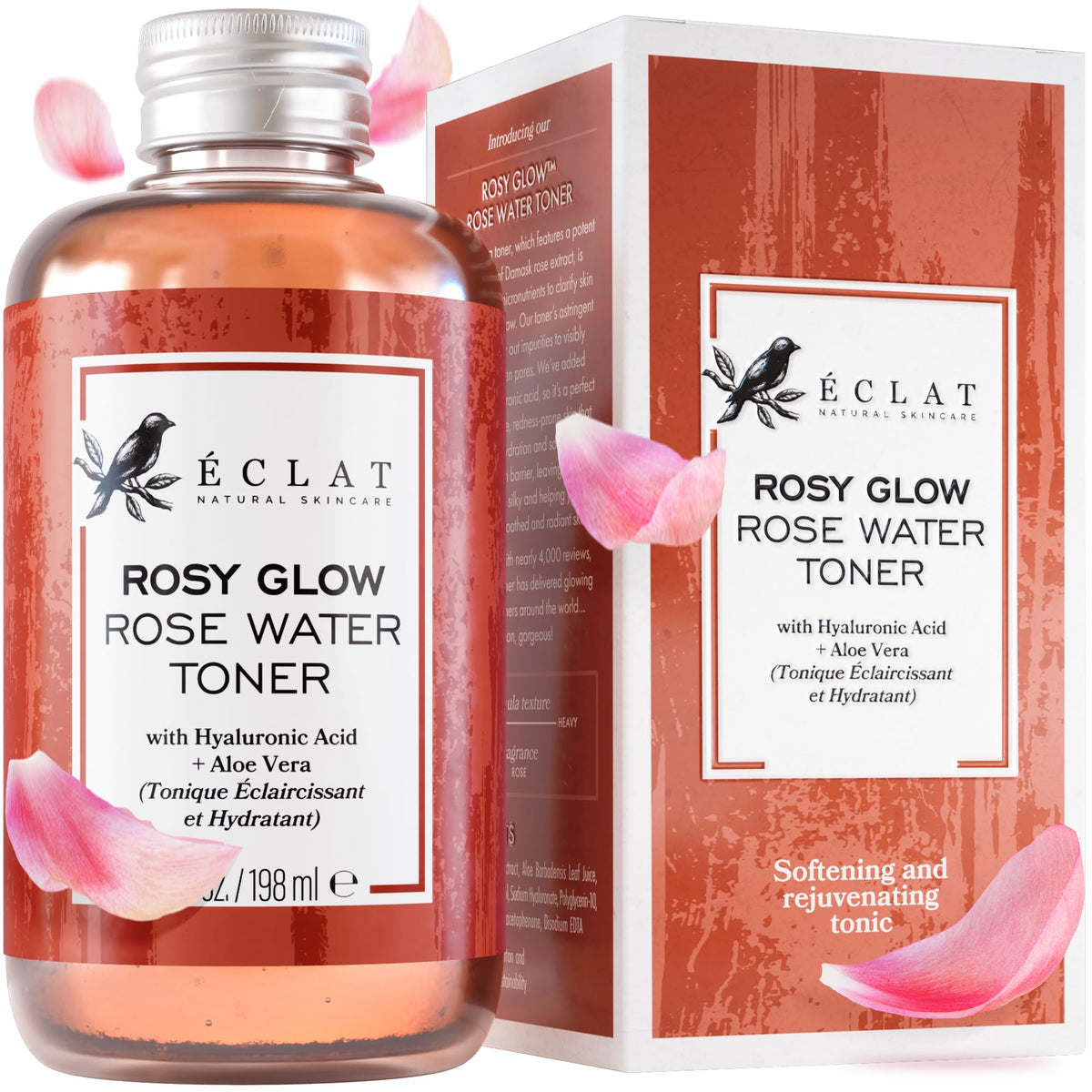 Eclat Skincare Tonico Agua de Rosas, botella elegante para hidratación