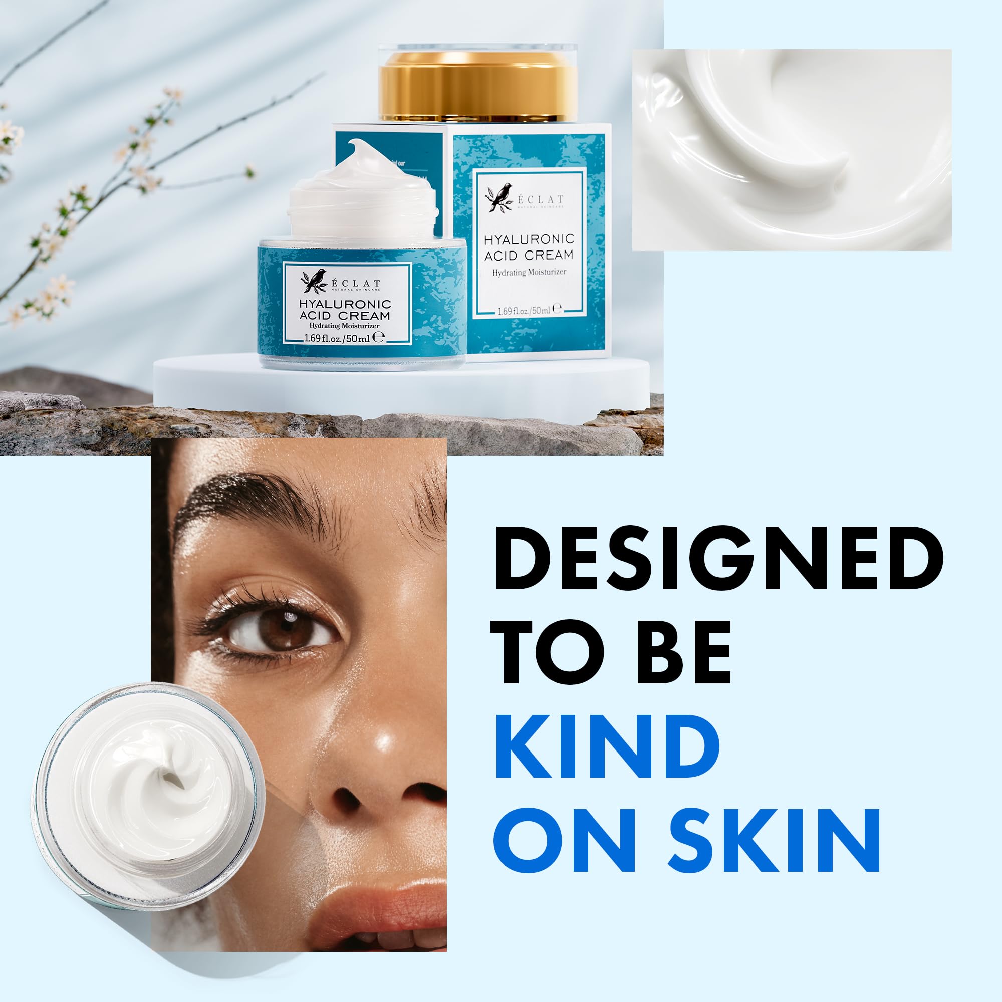 Uso diario para todos los tonos de piel con Eclat Skincare crema hialurónica