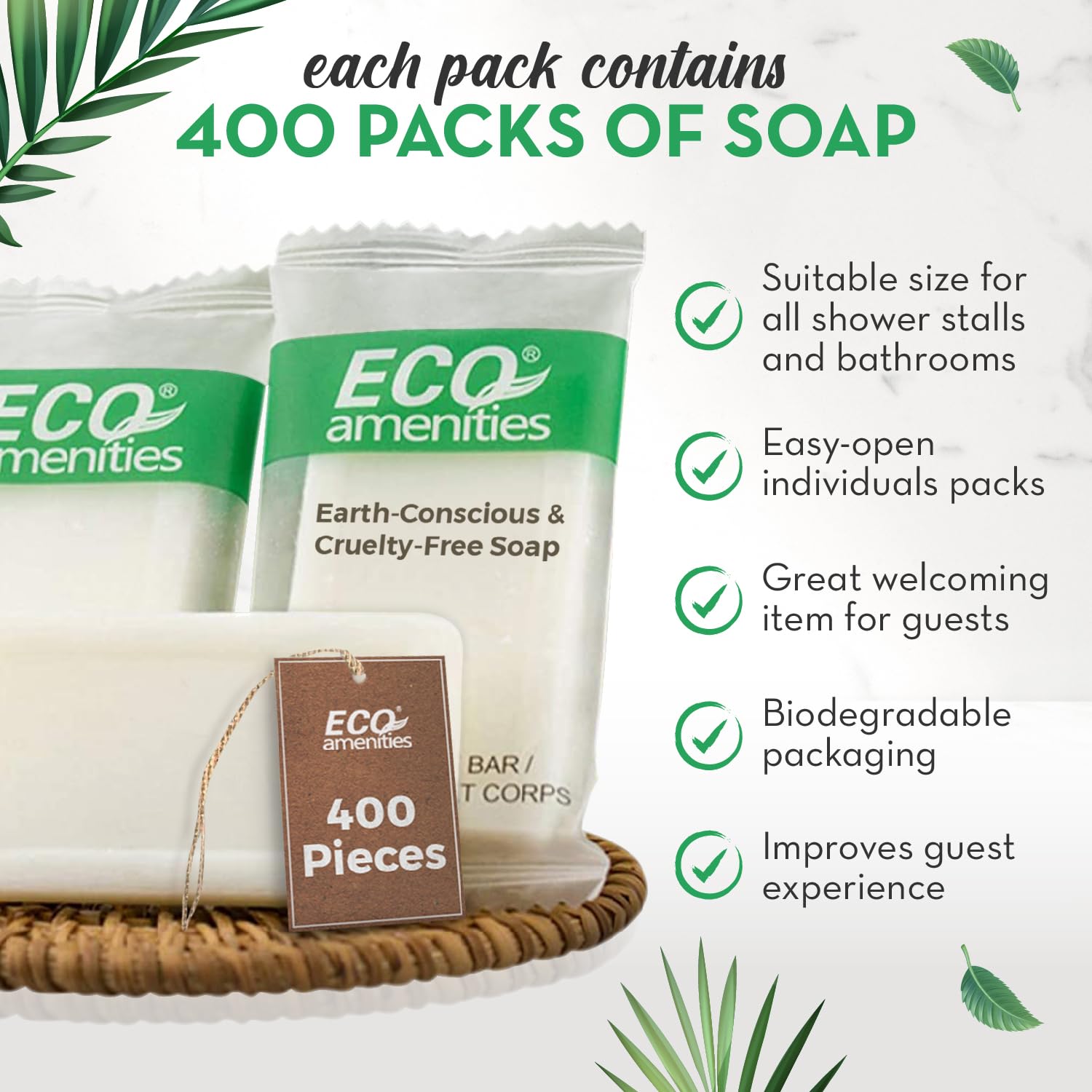 Eco Amenities hotel soap bars bulk pack arranged for restocking