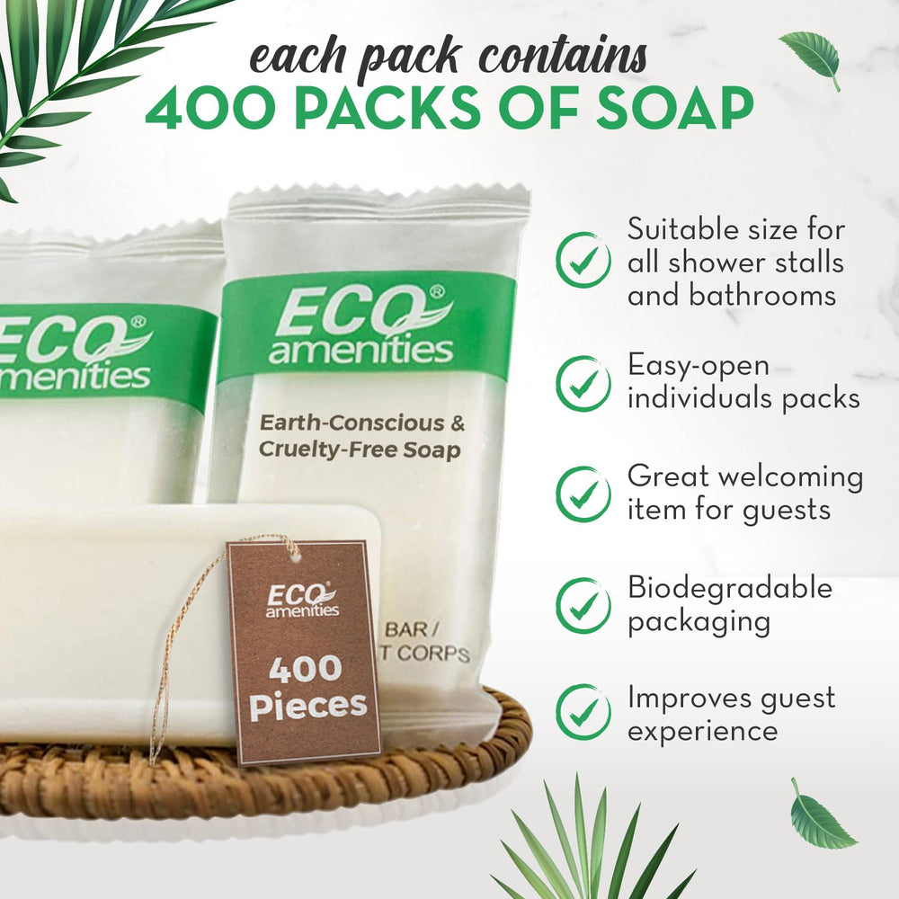 Eco Amenities hotel soap bars bulk pack arranged for restocking