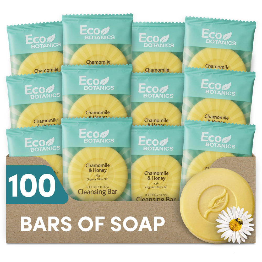 Eco Botanics travel-sized soap bar in guest amenities display for hotels.