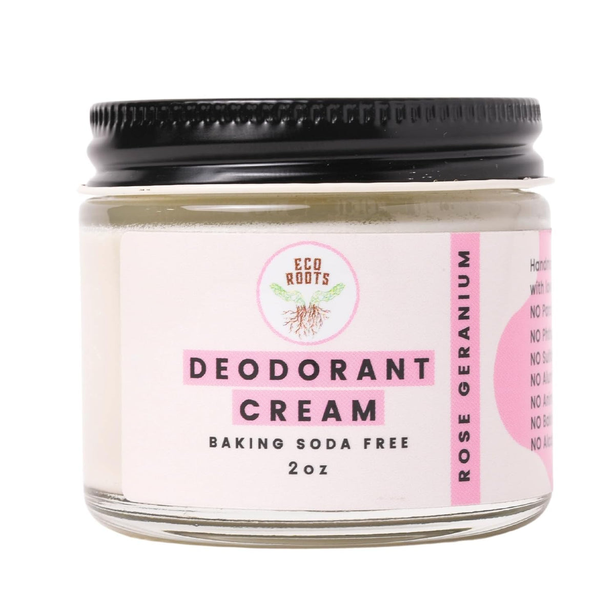 Eco Roots desodorante crema geranio rosa frasco: aroma suave y frescura duradera.