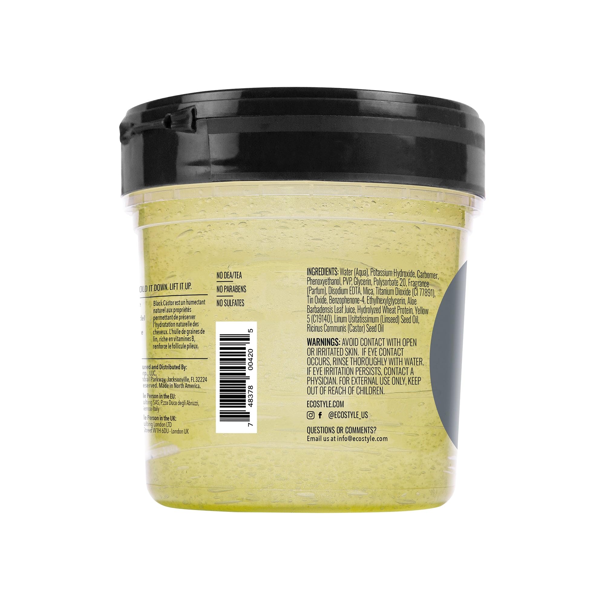 Eco Style styling gel jar close-up shows natural ingredients for healthy hair.