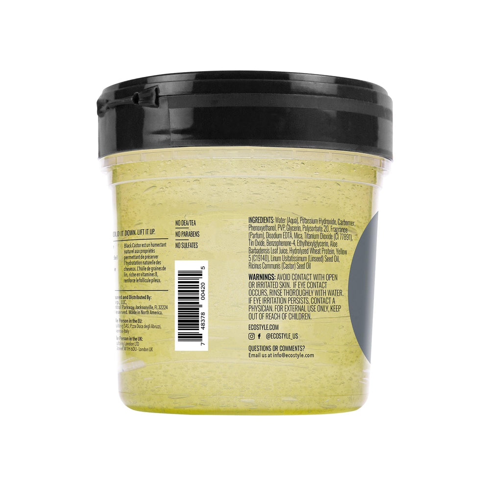 Eco Style styling gel jar close-up shows natural ingredients for healthy hair.