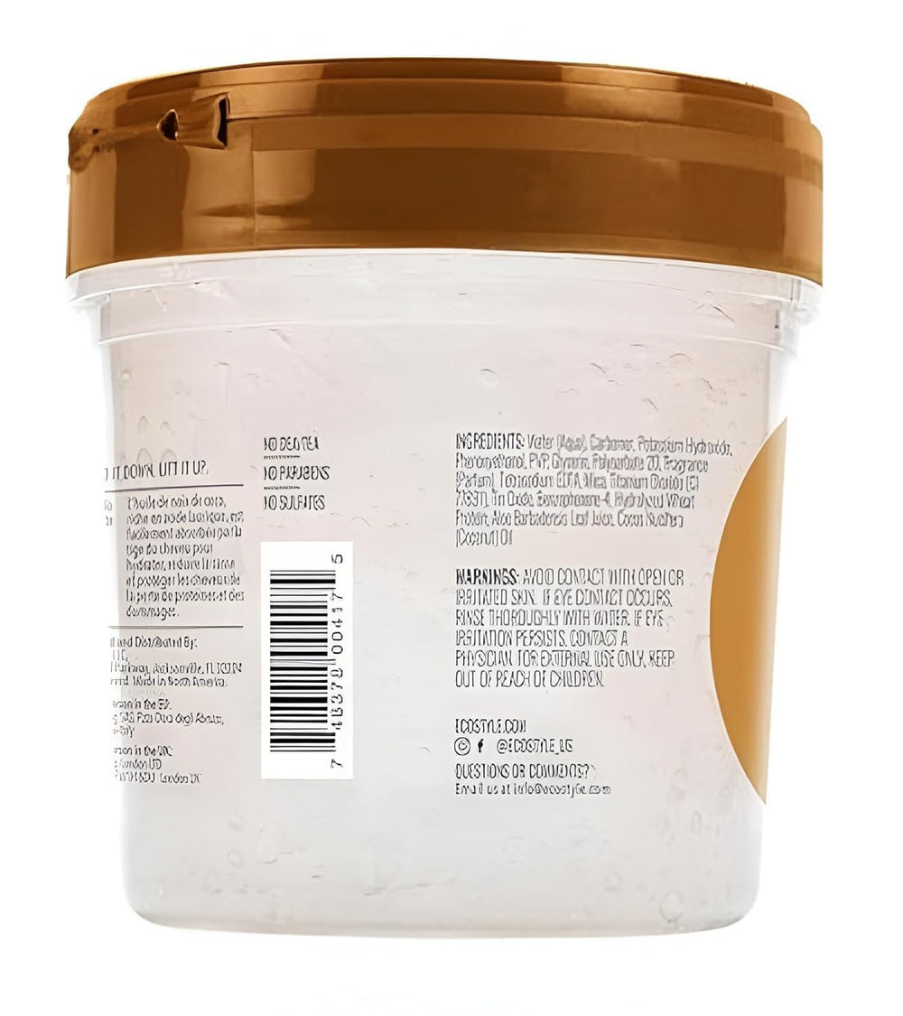 Eco Style Coconut Oil Styling Gel cream texture highlights moisturizing formula for smooth, frizz-free styling.