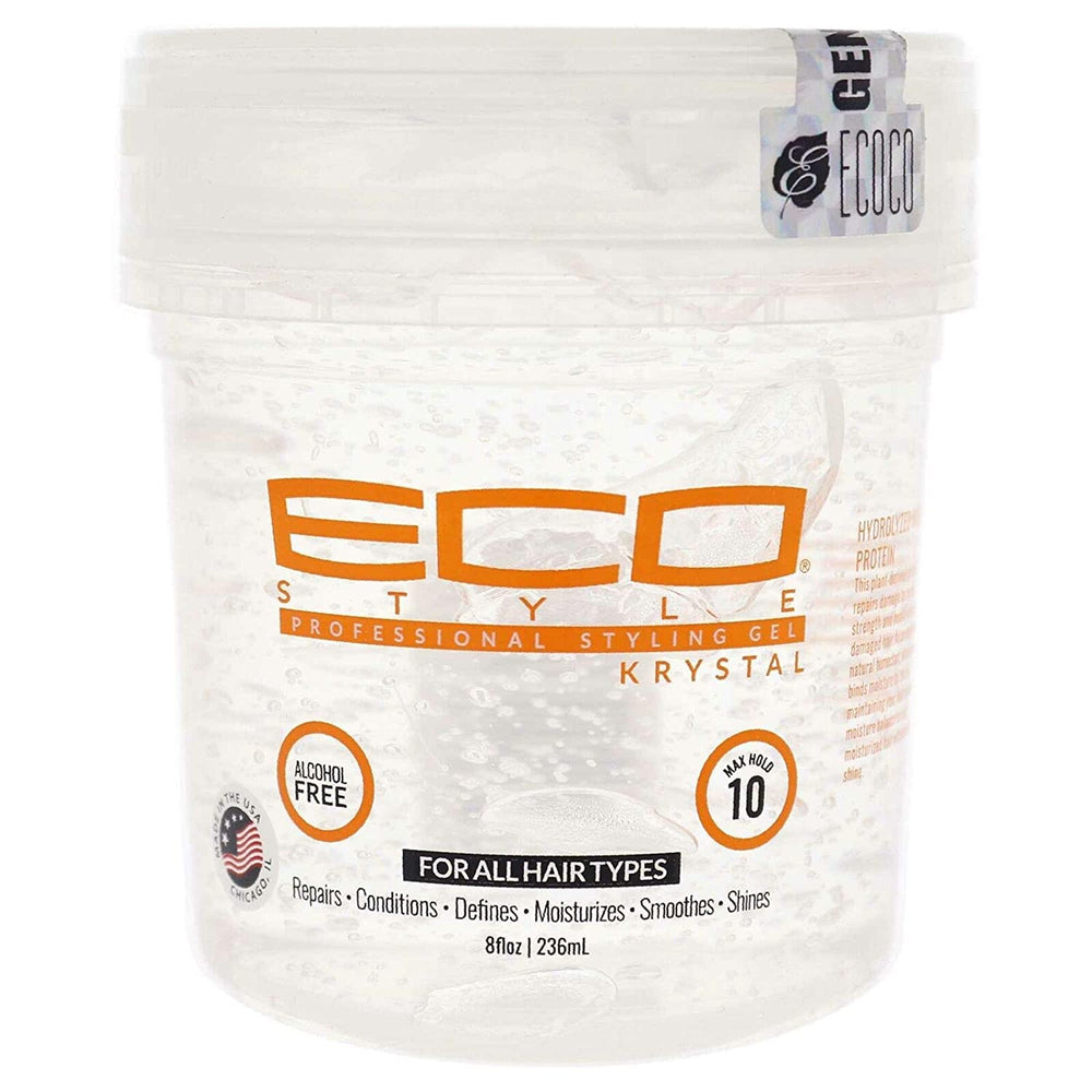 Eco Style Krystal styling gel bottle delivers strong hold and high shine for sleek looks.