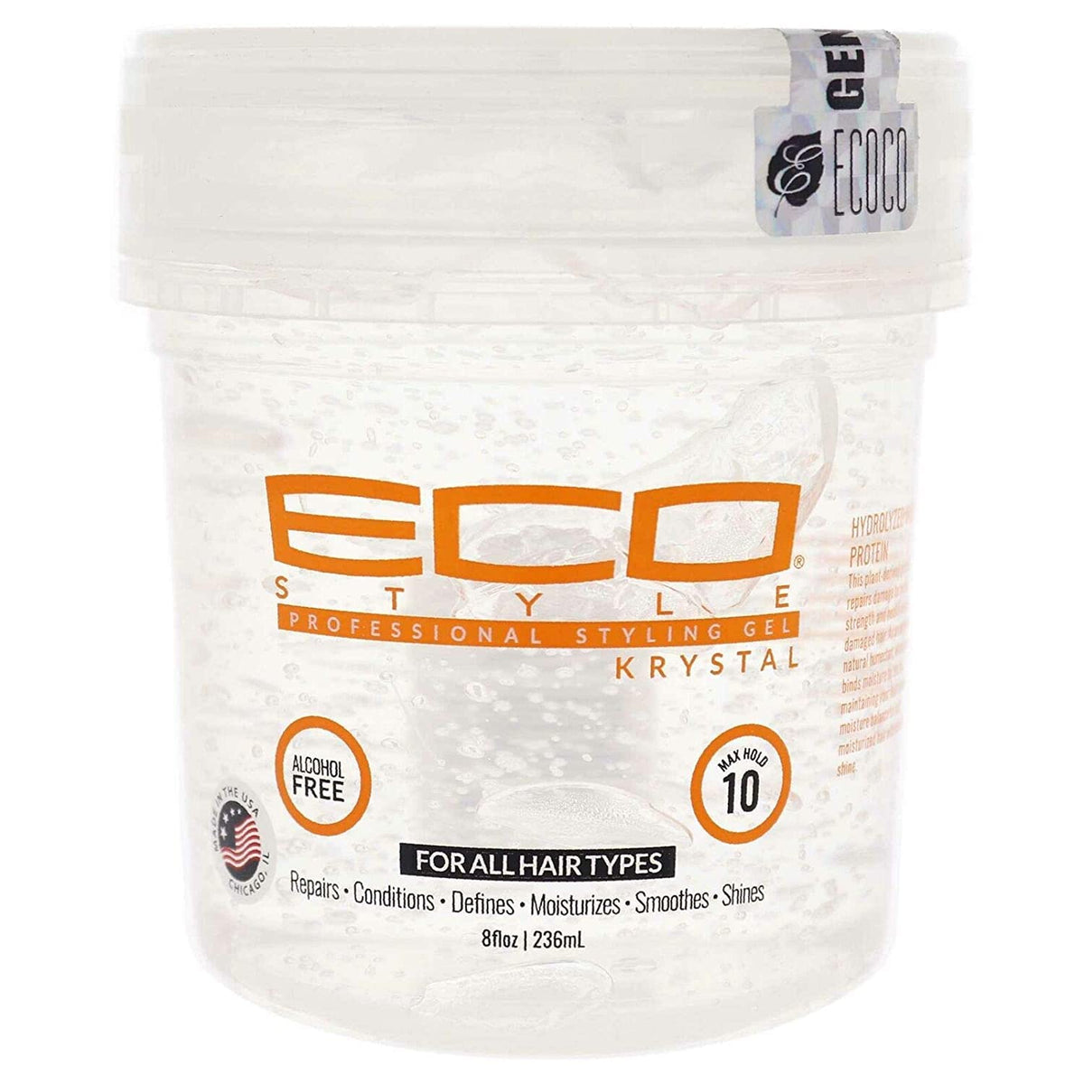 Eco Style Krystal styling gel bottle delivers strong hold and high shine for sleek looks.