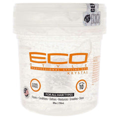Eco Style Krystal styling gel bottle delivers strong hold and high shine for sleek looks.