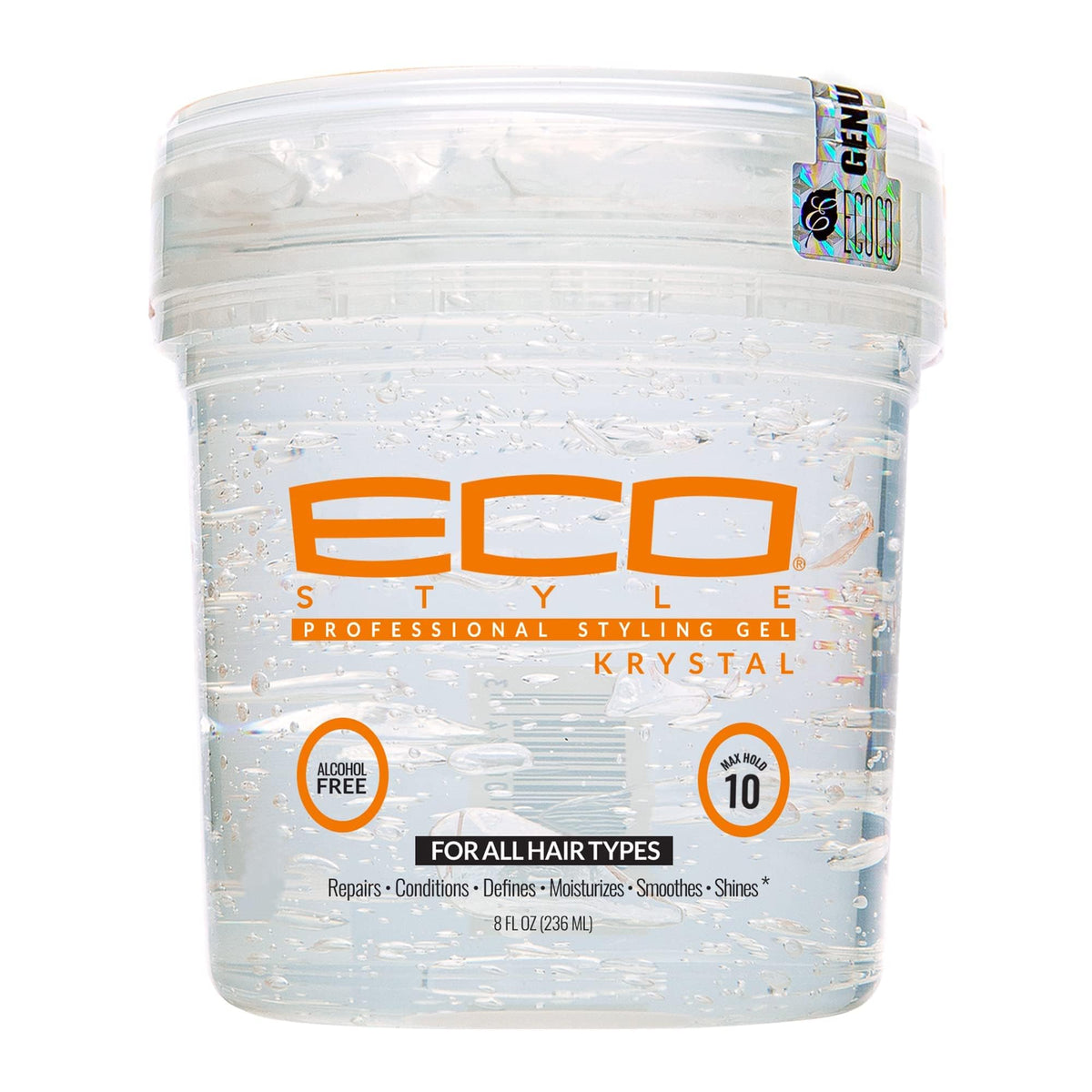 Eco Style Krystal Styling Gel bottle showing strong, weightless hold and shine.