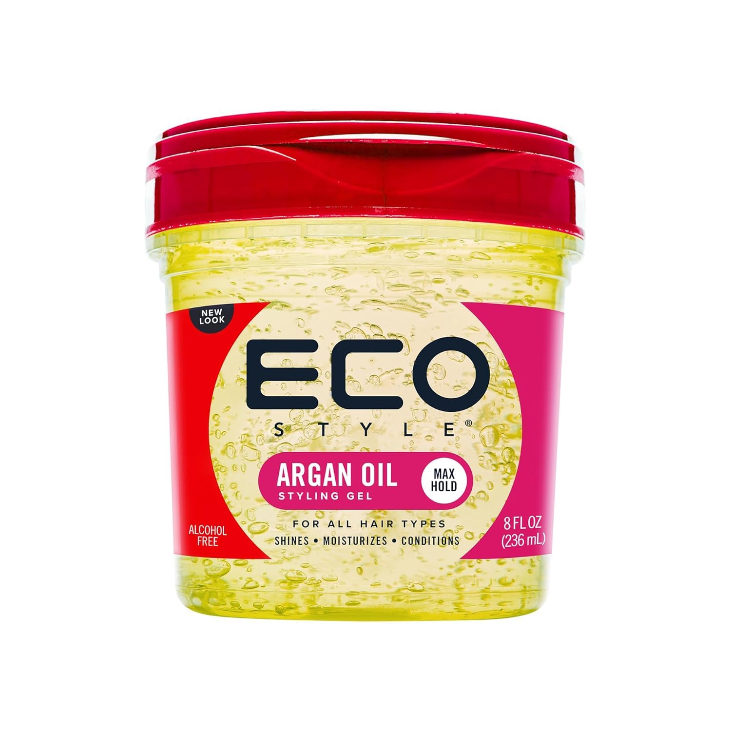 Eco Style Moroccan Argan Oil Styling Gel bottle showing lasting shine and nourishment.