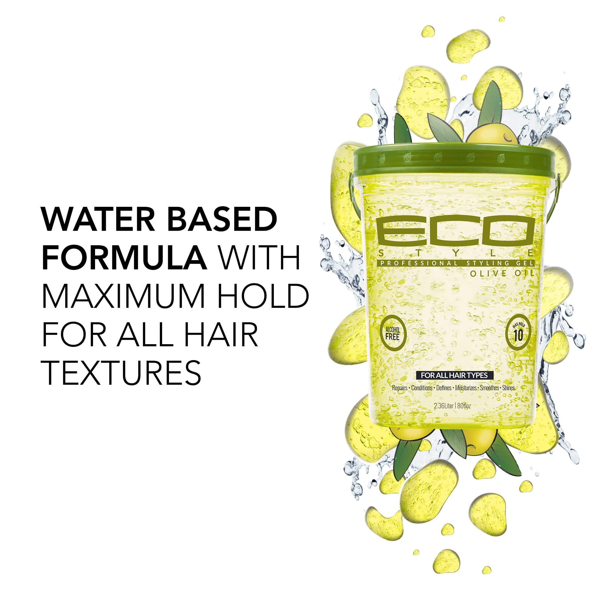 Eco Style Olive Oil Styling Gel cap closeup highlights pure olive oil conditioning.