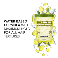 Eco Style Olive Oil Styling Gel cap closeup highlights pure olive oil conditioning.
