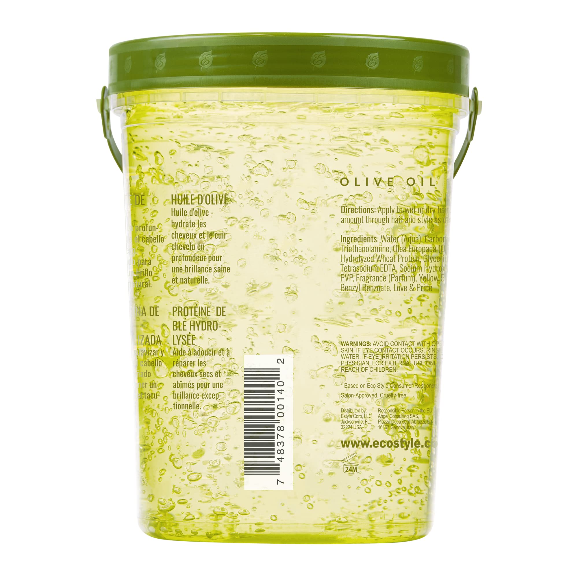 Eco Style Olive Oil Styling Gel packaging emphasizes USA-made quality.