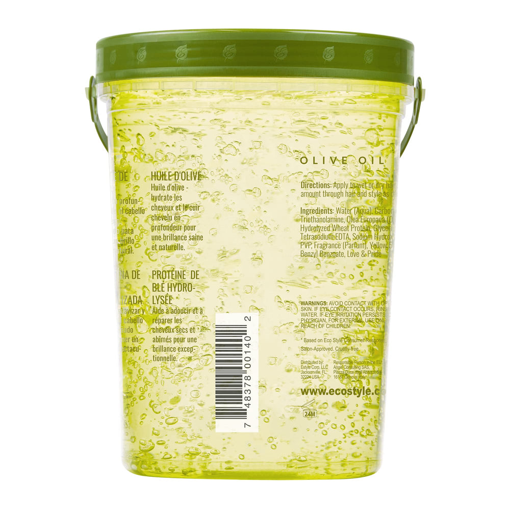 Eco Style Olive Oil Styling Gel packaging emphasizes USA-made quality.