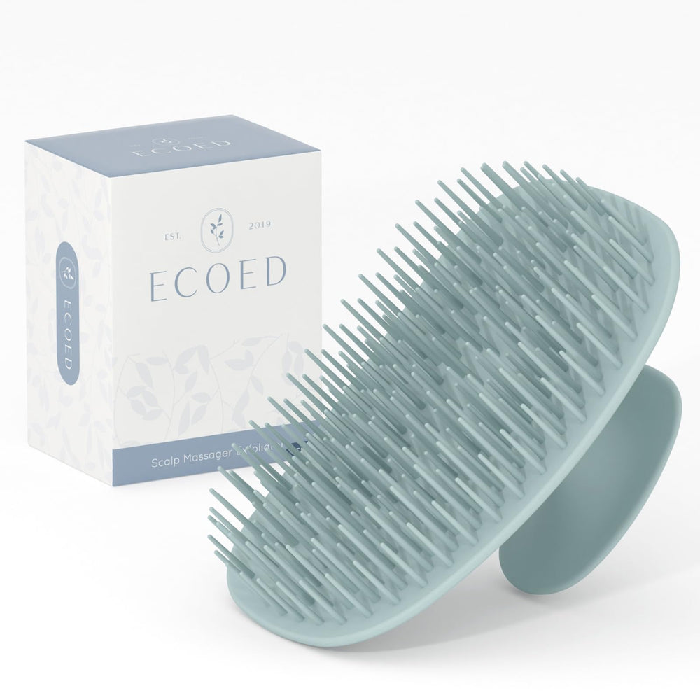 Ecoed scalp massager shampoo brush in blue, full view, spa-like scalp cleanse.