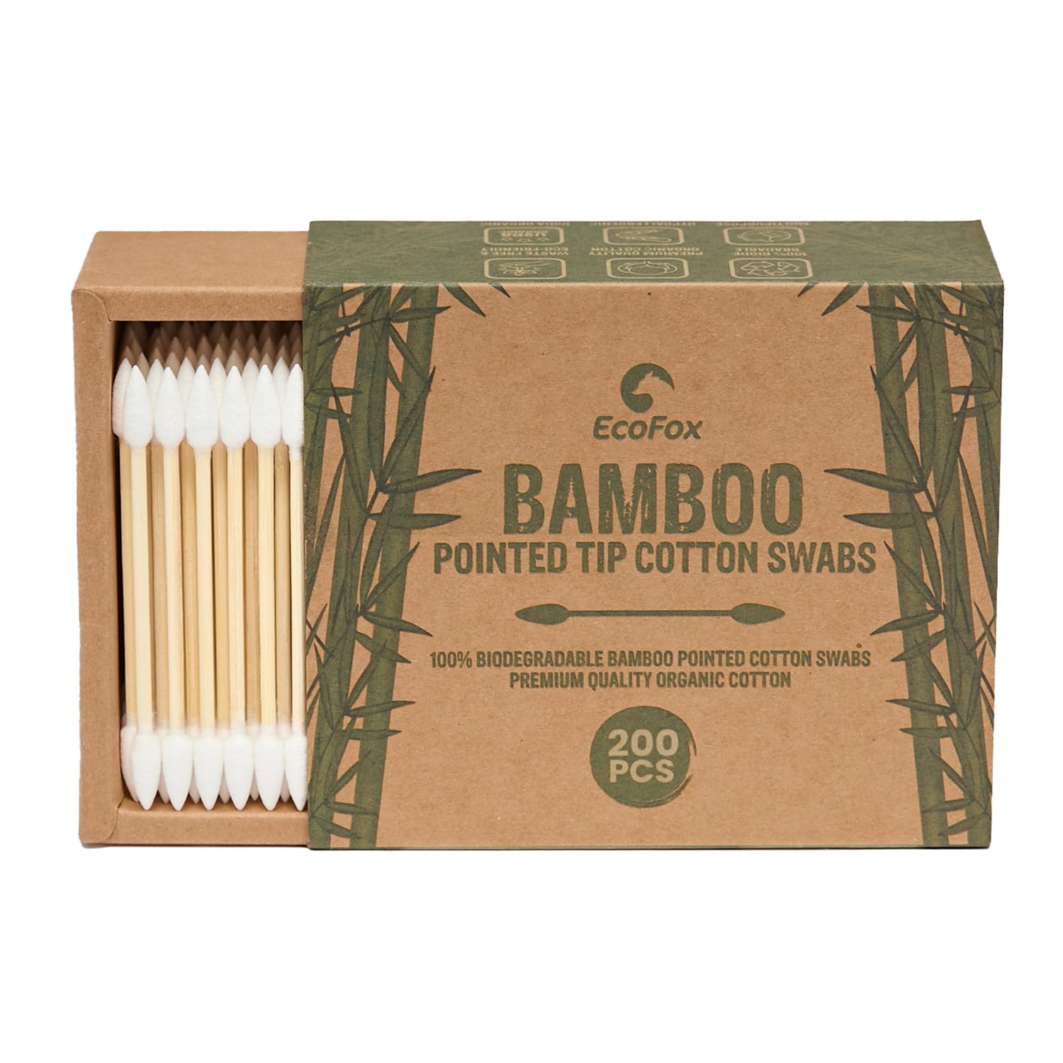 EcoFox precision-tip bamboo swabs in packaging for easy travel and storage