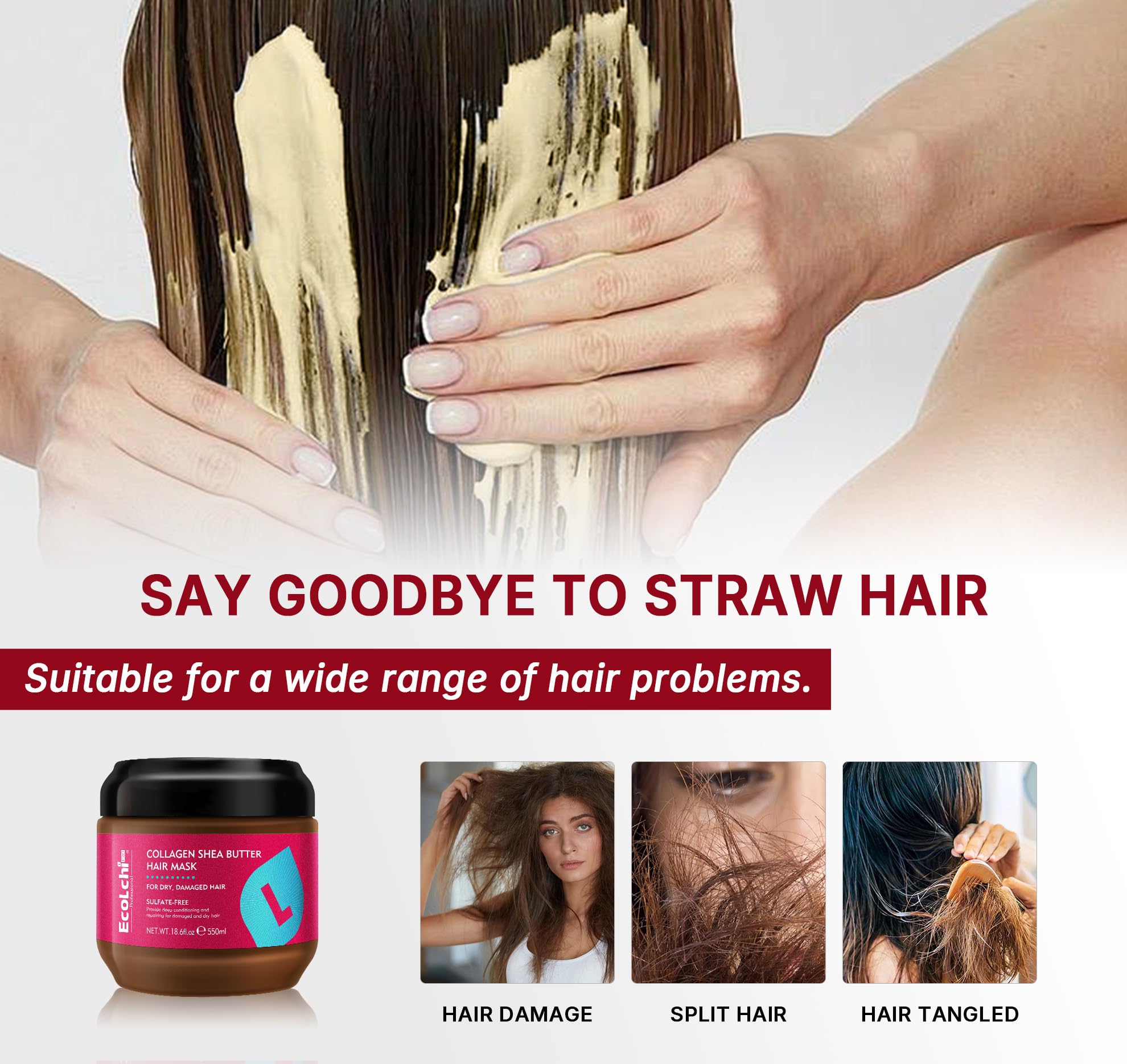 ECOLCHIPRO collagen shea butter mask for all hair types, versatile care.