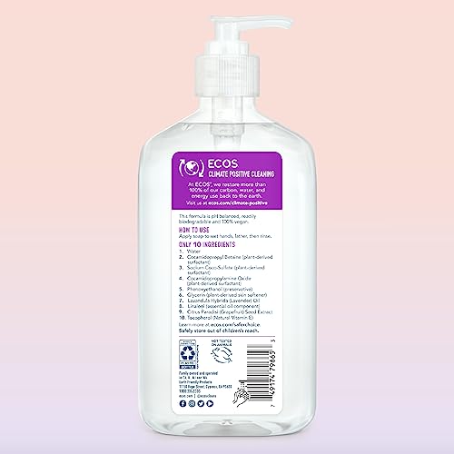 ECOS lavender hand soap with pump shows rich foaming lather for daily use.