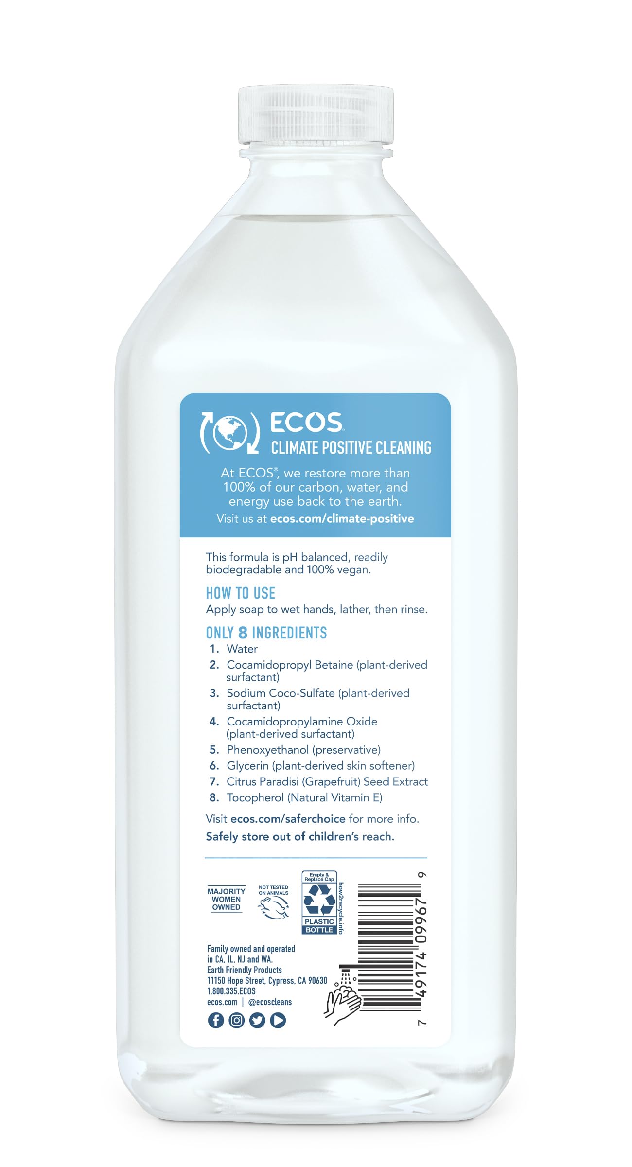 ECOS jabón de manos botella, lavado suave para uso diario en cocina o baño.