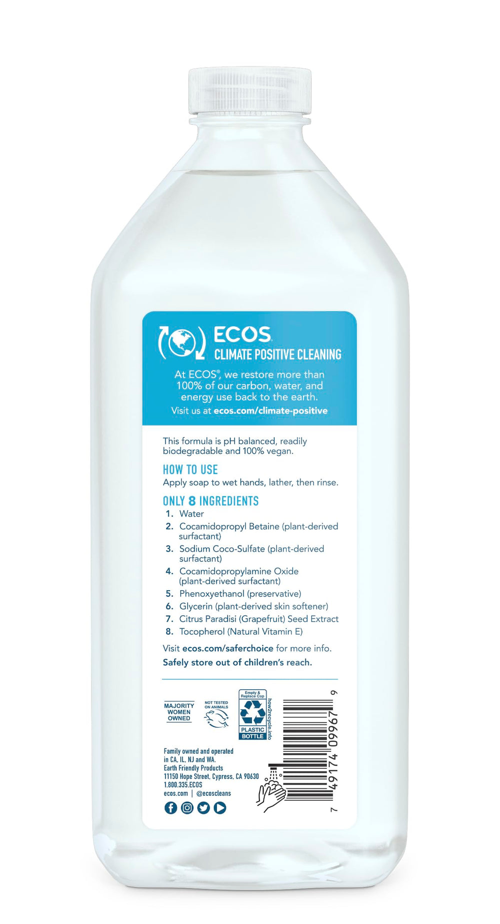 ECOS jabón de manos botella, lavado suave para uso diario en cocina o baño.