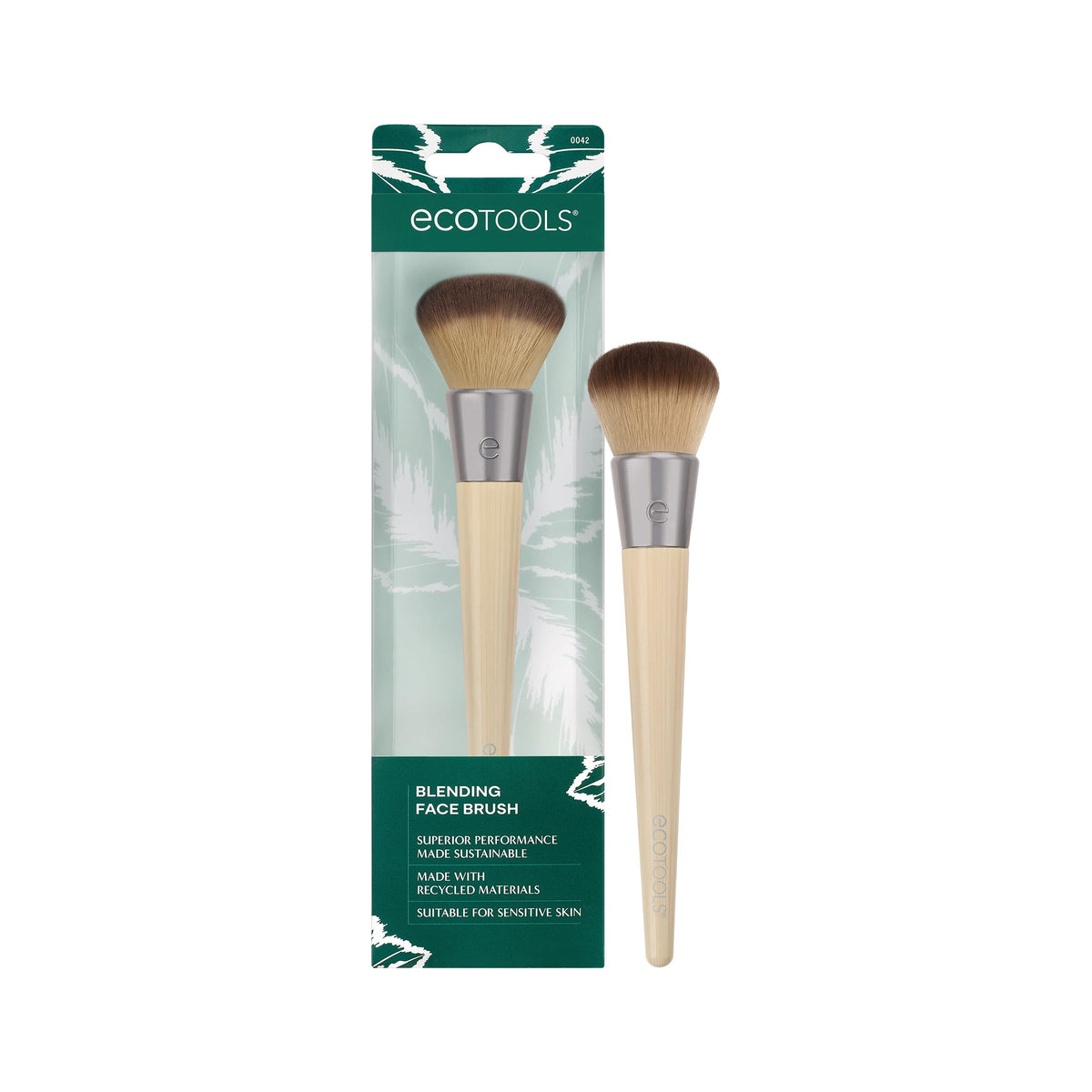 EcoTools Blending Face Brush close-up on handle for precise control during application