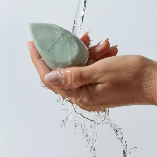 EcoTools memory-foam sponge yields breathable, natural finish when damp.