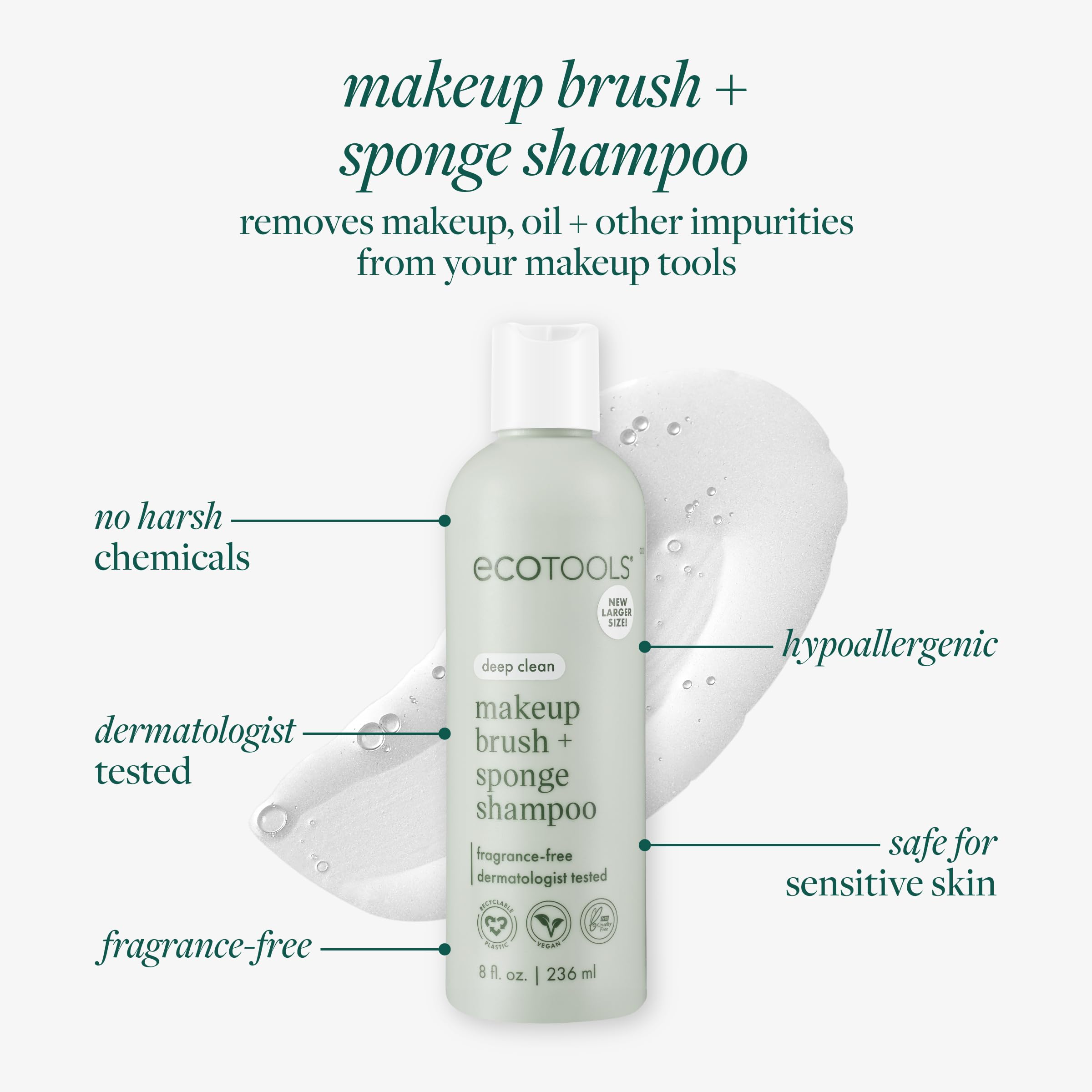 Brush cleaning action with foam removes makeup and oils from bristles.