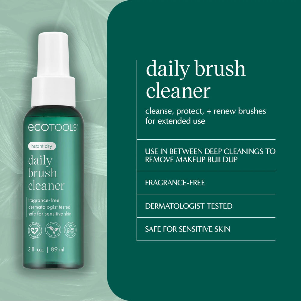 EcoTools Daily Brush Cleaner spray on brush demonstrates easy cleaning