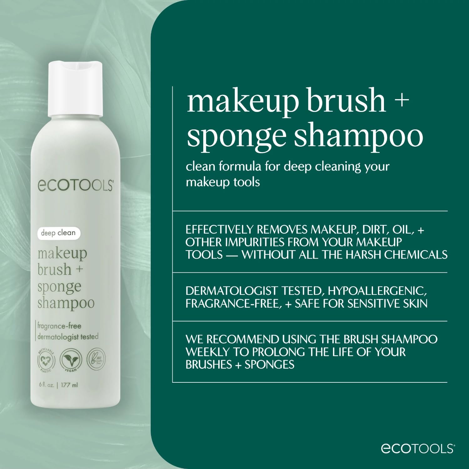EcoTools dermatologist-tested hypoallergenic seal indicates safe care for brushes and skin.
