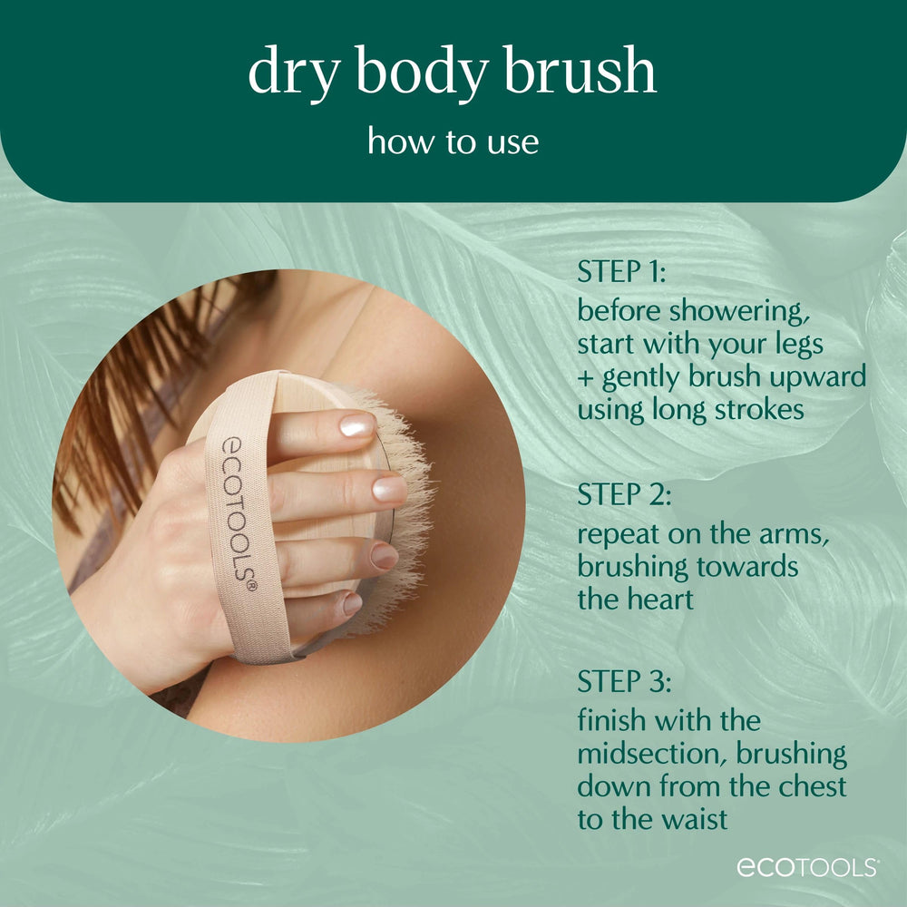EcoTools dry body brush action shows exfoliation in process on skin