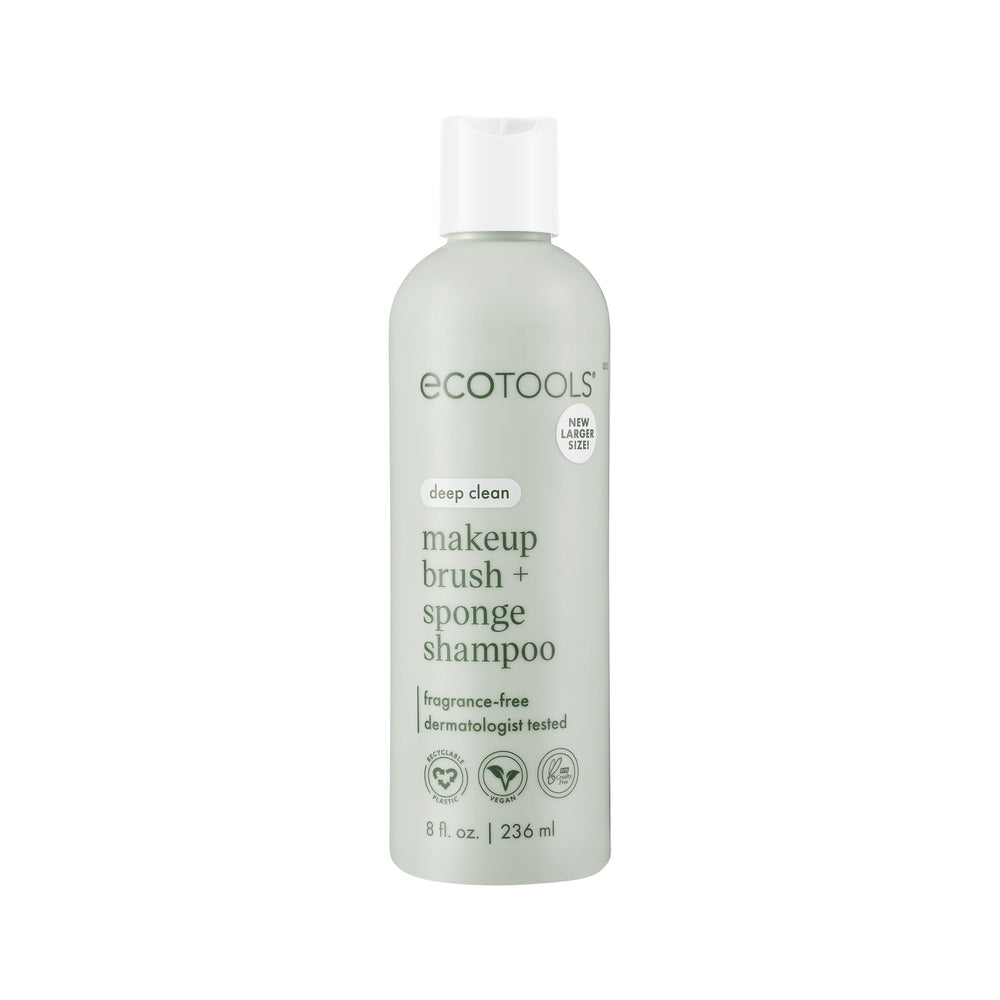 EcoTools Makeup Brush Shampoo bottle front, fragrance-free formula ideal for sensitive skin.