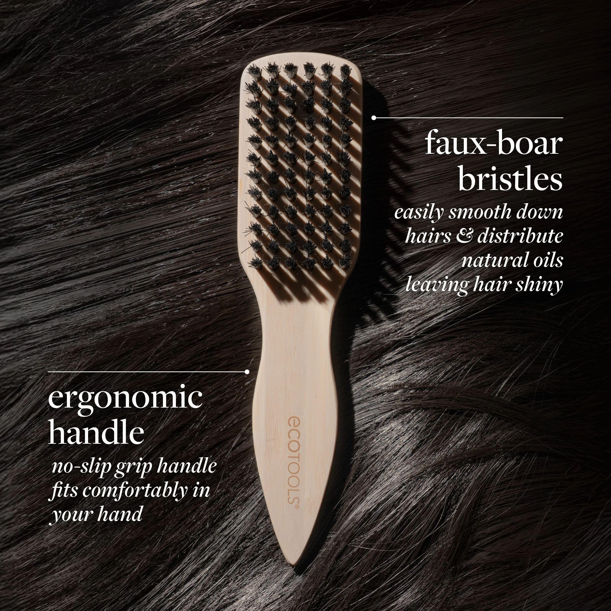 EcoTools Mini Slick Back Brush head close-up shows dense boar bristles for flyaway control.