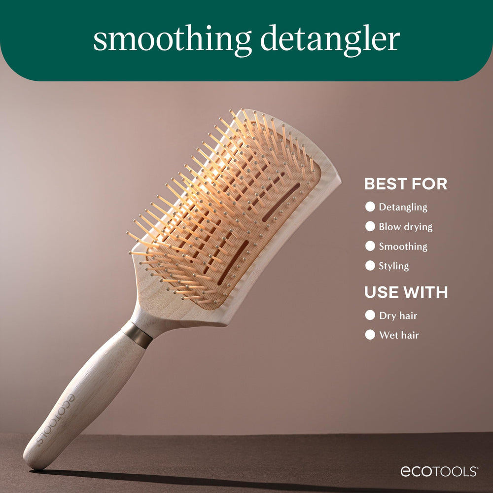Closeup of renewable bamboo handle highlighting eco-friendly construction of EcoTools brush.