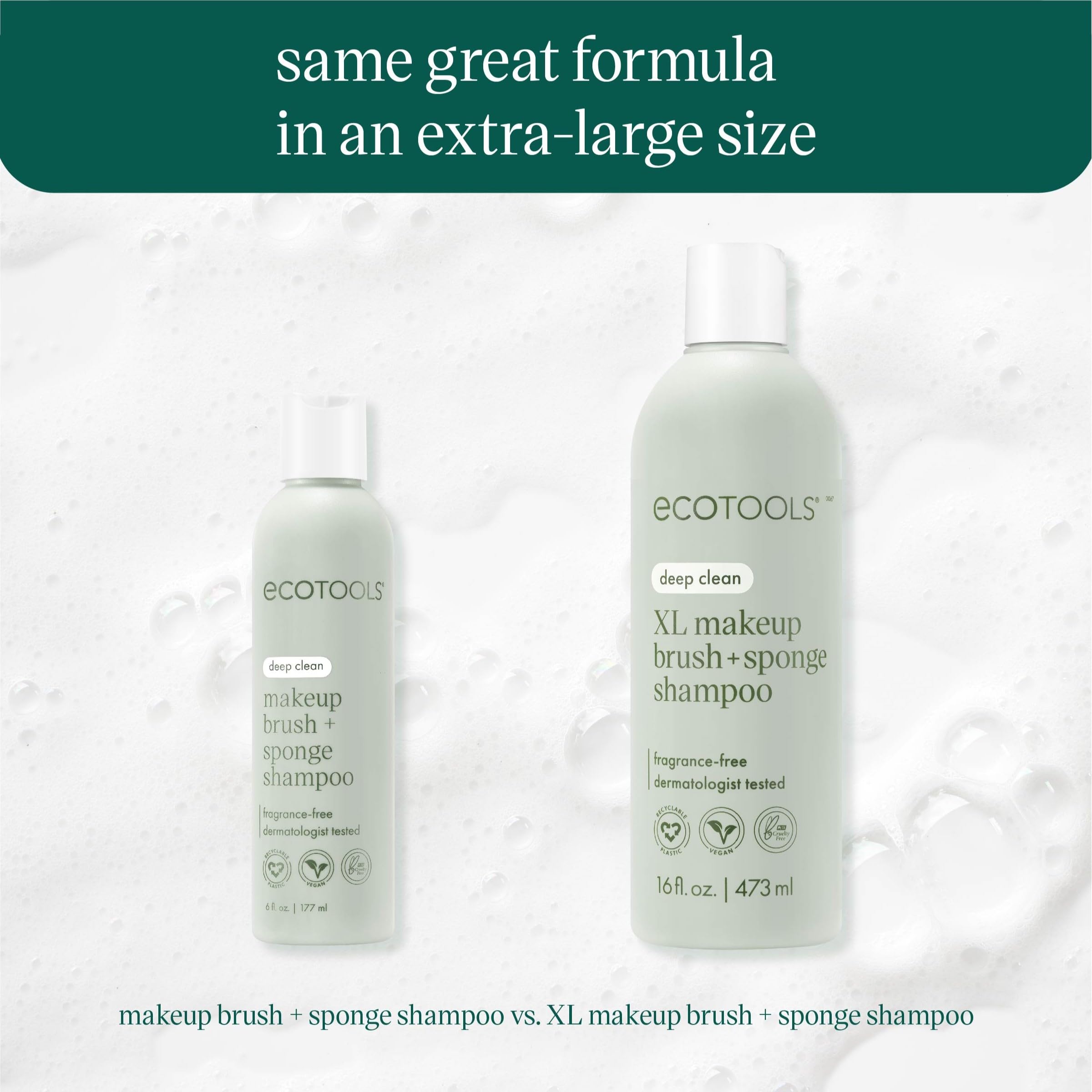 EcoTools XL bottle close-up shows vegan, cruelty-free cleansing for brushes and sponges.
