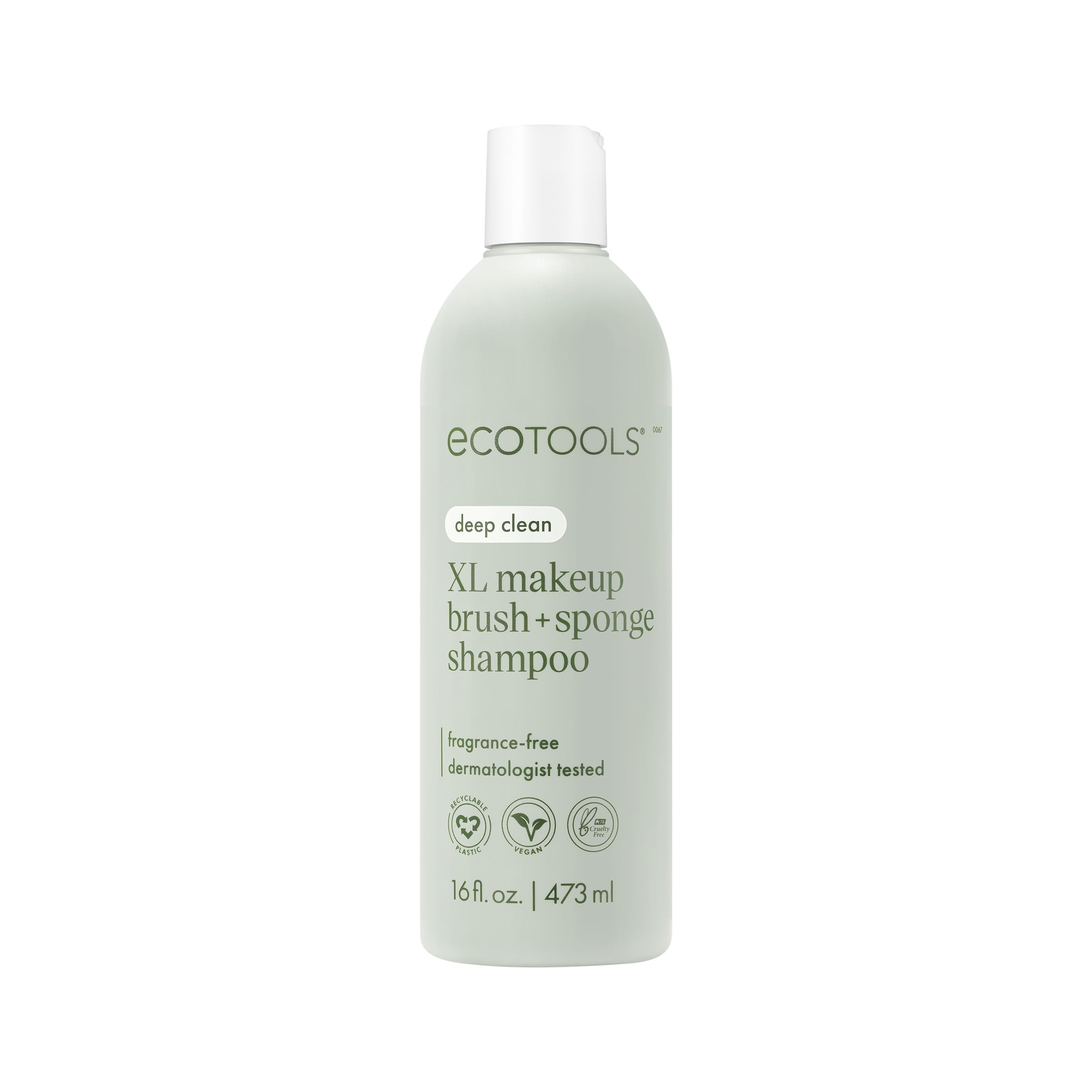 EcoTools XL Makeup Brush + Sponge Shampoo packaging highlights fragrance-free formula for sensitive skin use.