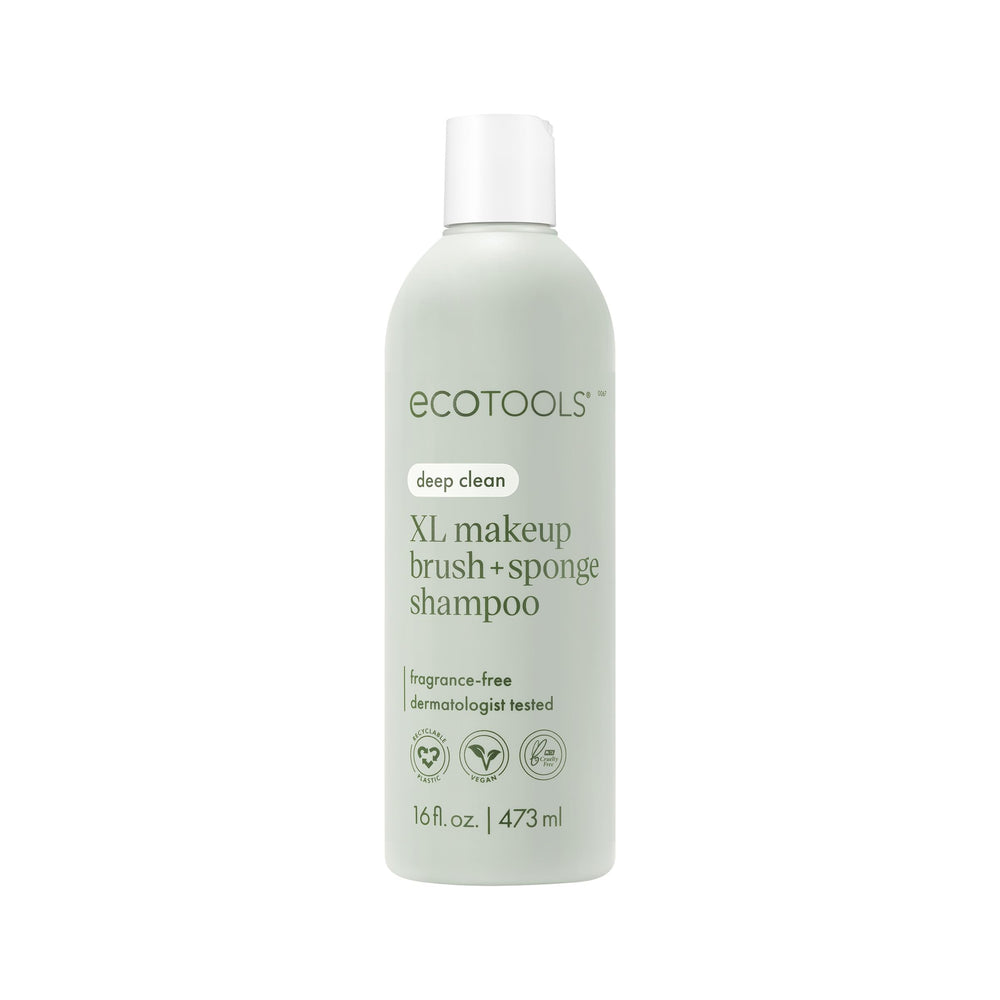 EcoTools XL Makeup Brush + Sponge Shampoo packaging highlights fragrance-free formula for sensitive skin use.