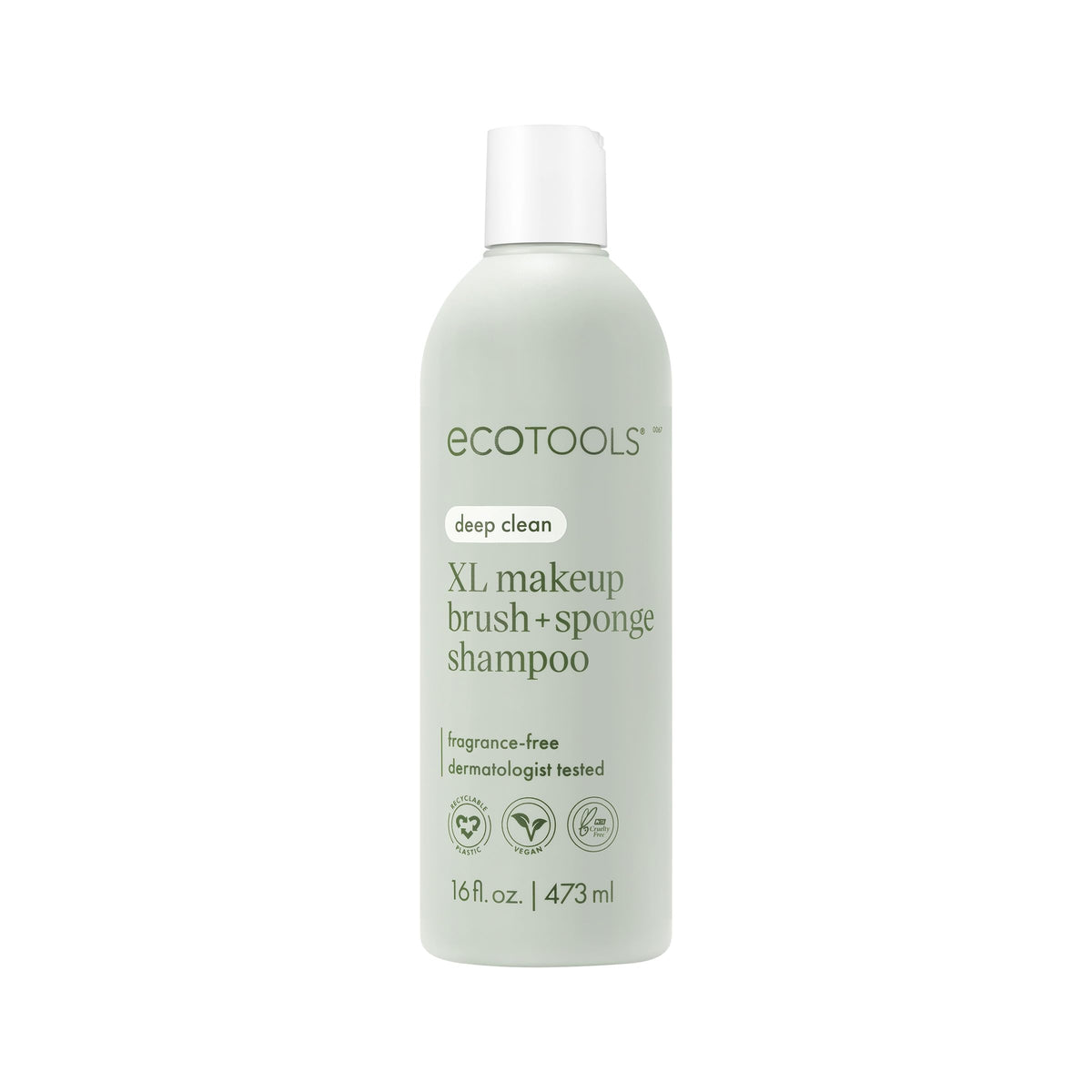 EcoTools XL Makeup Brush + Sponge Shampoo packaging highlights fragrance-free formula for sensitive skin use.