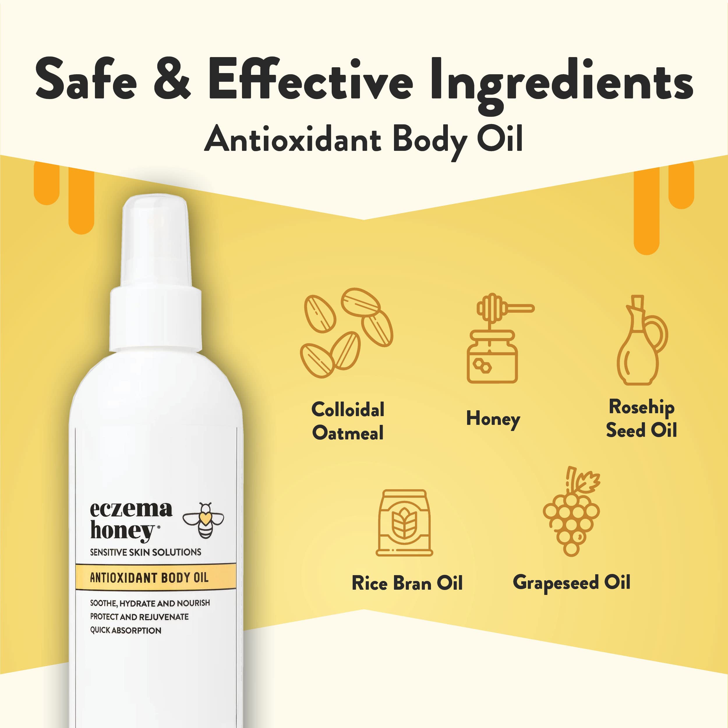 ECZEMA HONEY botella de aceite corporal para aplicación suave tras la ducha.
