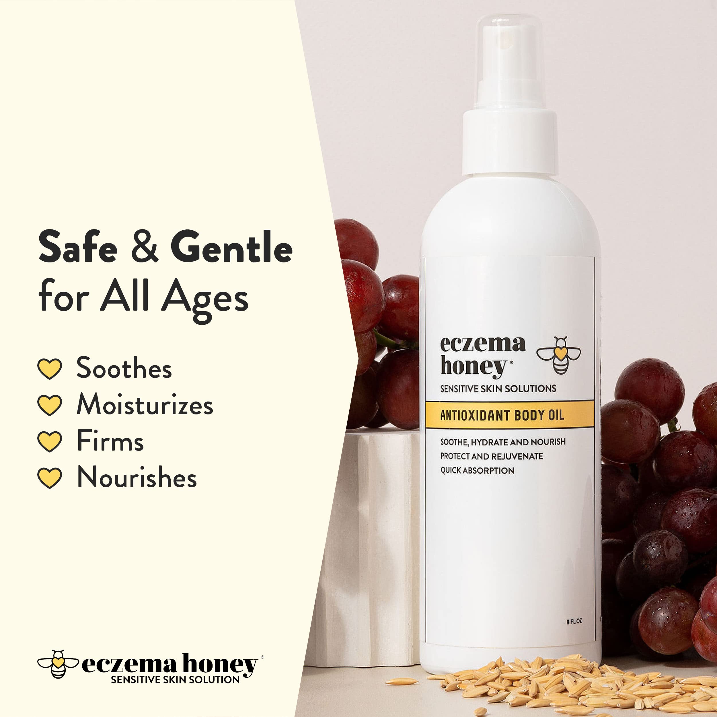 ECZEMA HONEY ingredientes clave: avena coloidal y aceite de semilla de uva.