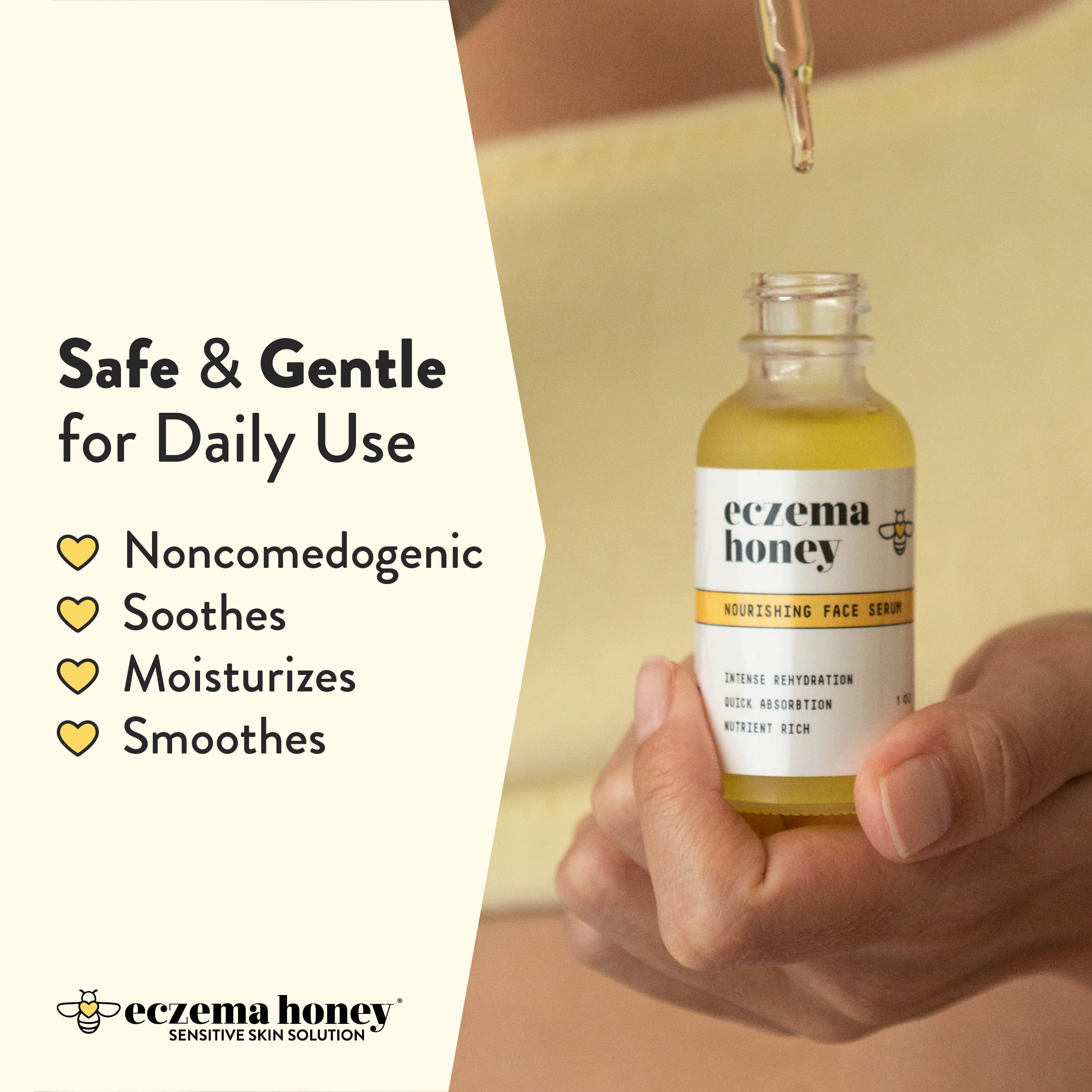 ECZEMA HONEY Nourishing Face Serum applied on face and neck for hydration