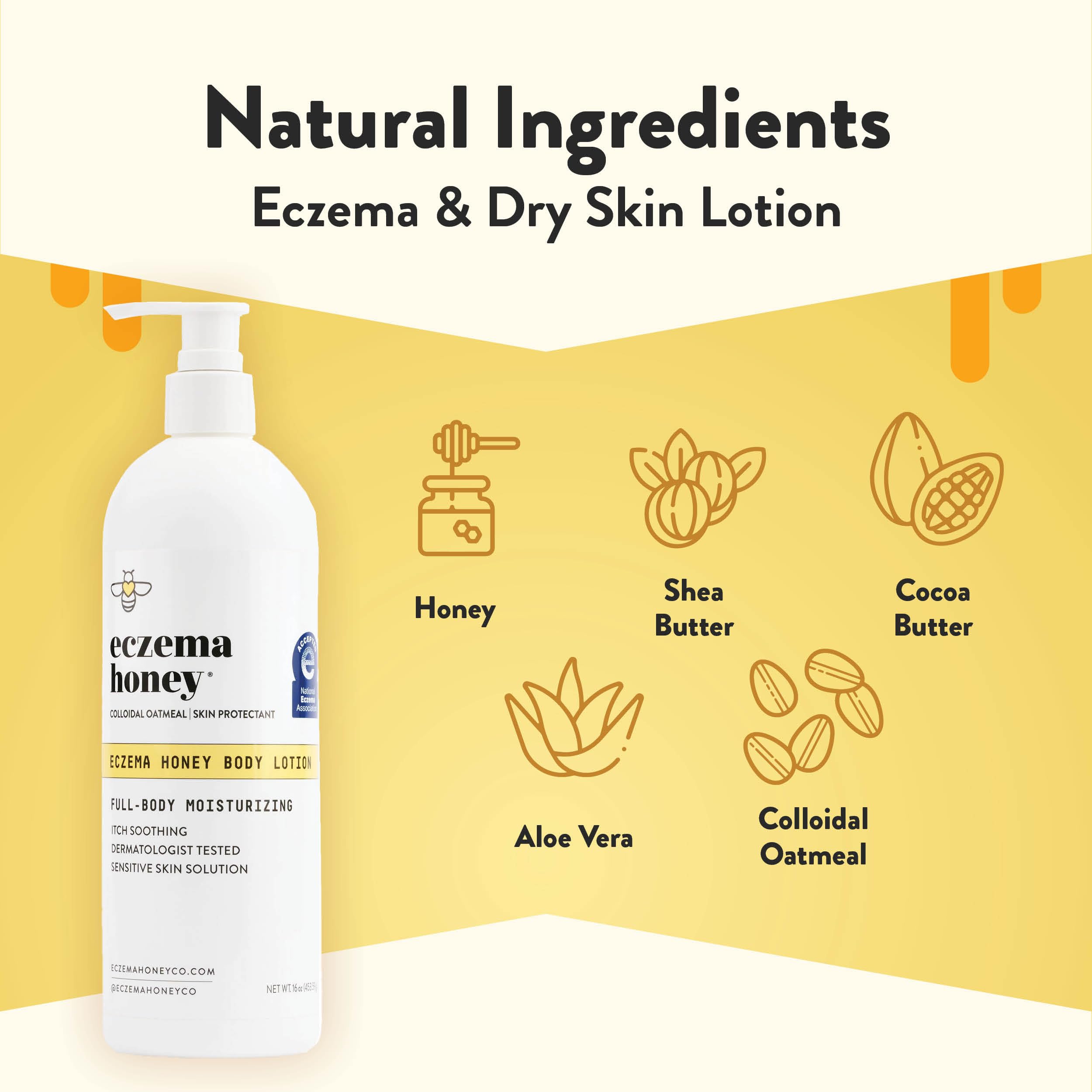ECZEMA HONEY application scene showing soothing lotion on dry arms