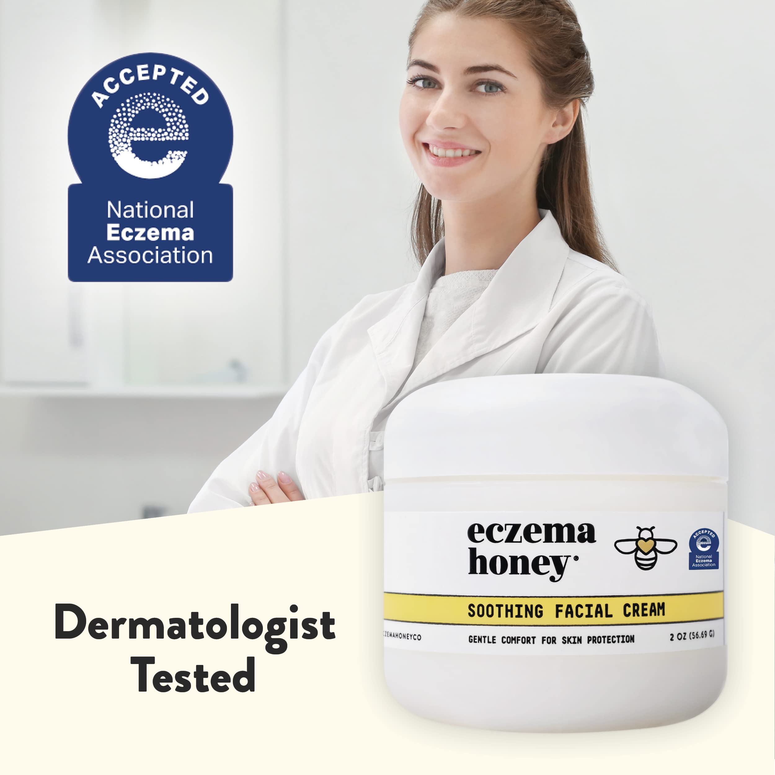 ECZEMA HONEY packaging and ingredients emphasize cruelty-free, fragrance-free formula.