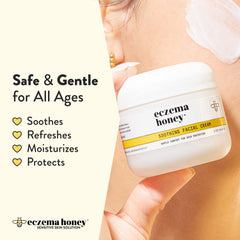 ECZEMA HONEY texture swirl highlights lightweight cream ideal for dry, irritated skin.