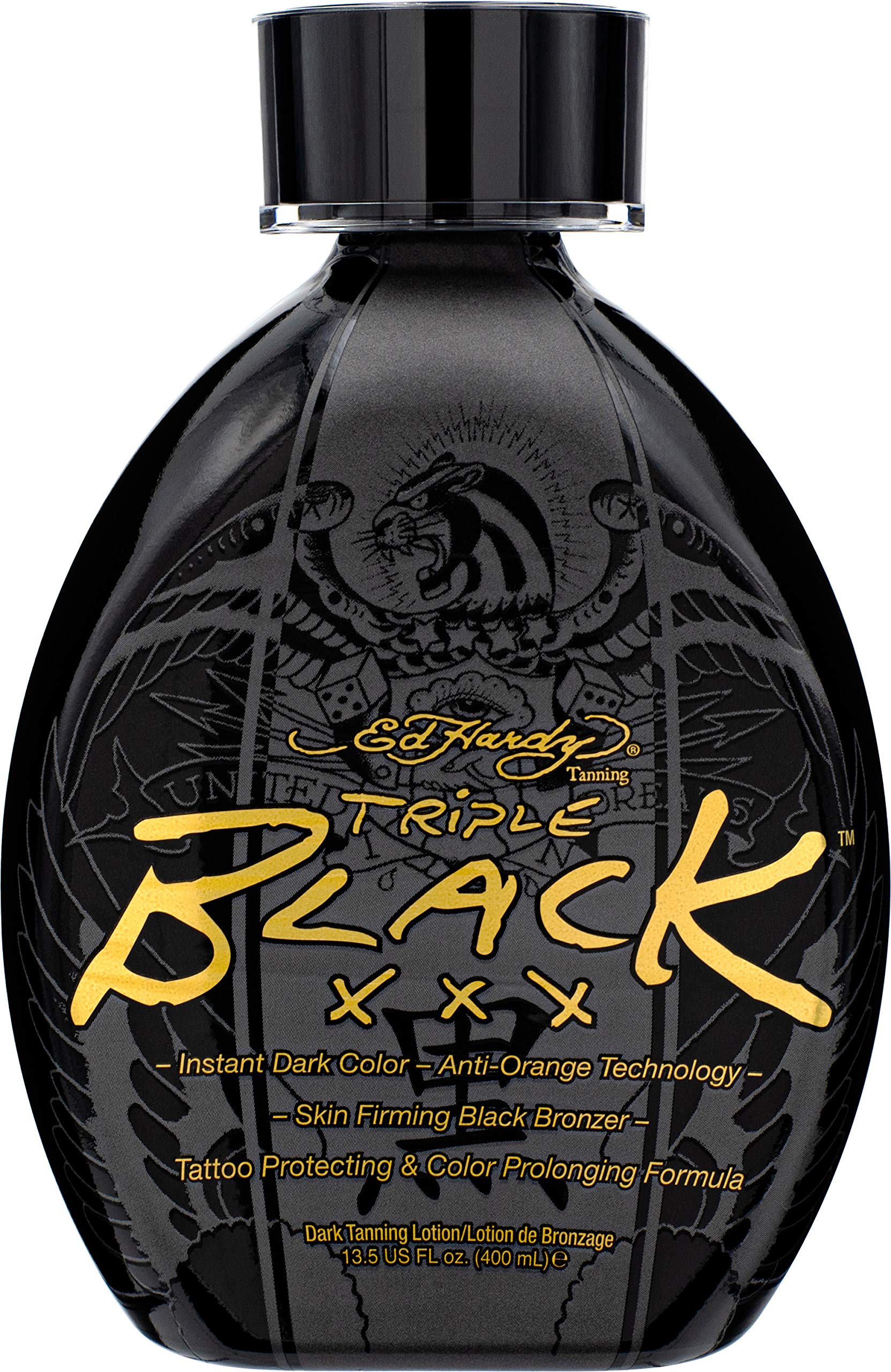 Ed Hardy Black XXX tanning lotion bottle ready for instant deep bronze.